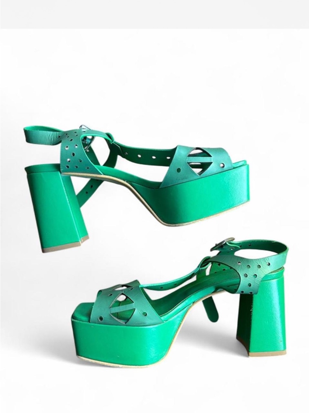 Emanuele Crasto Green Leather Laser-cut Cutout Platform Sandals